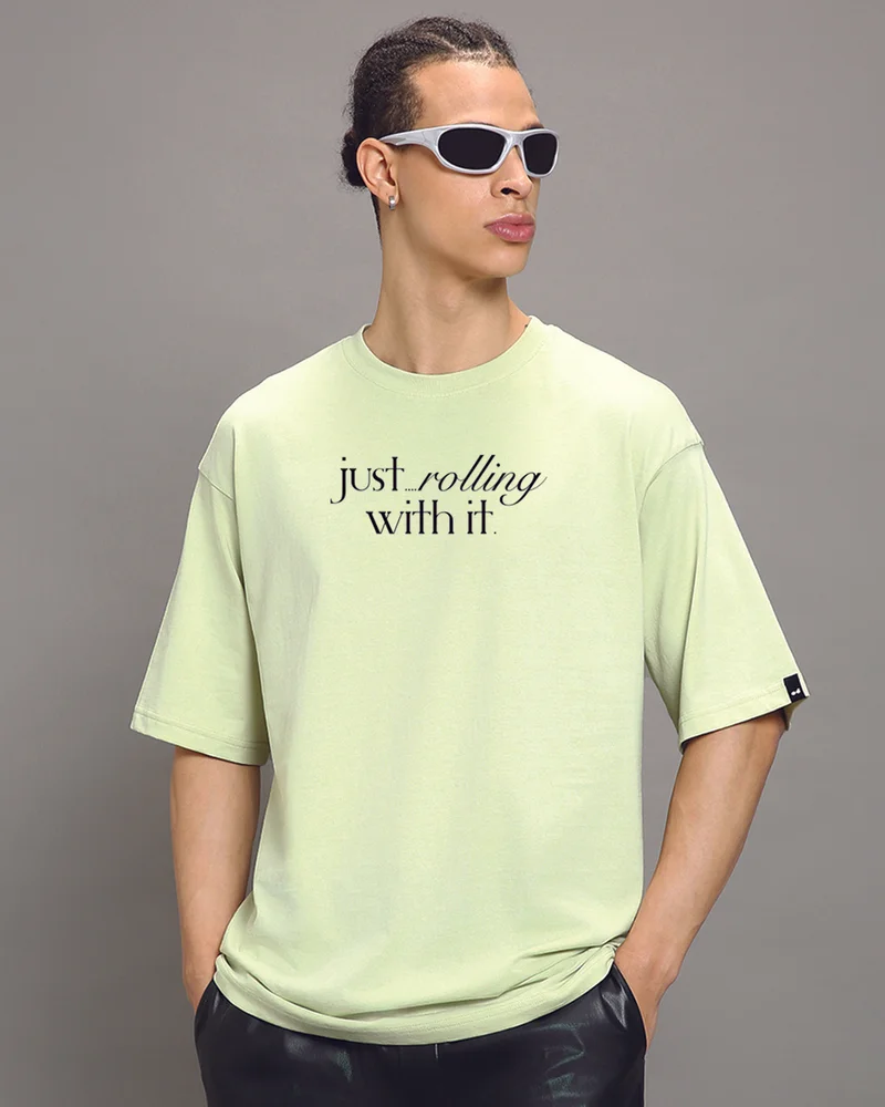 بيواكوف Men's Fog Green Justrolling Graphic Printed Oversized T-shirt